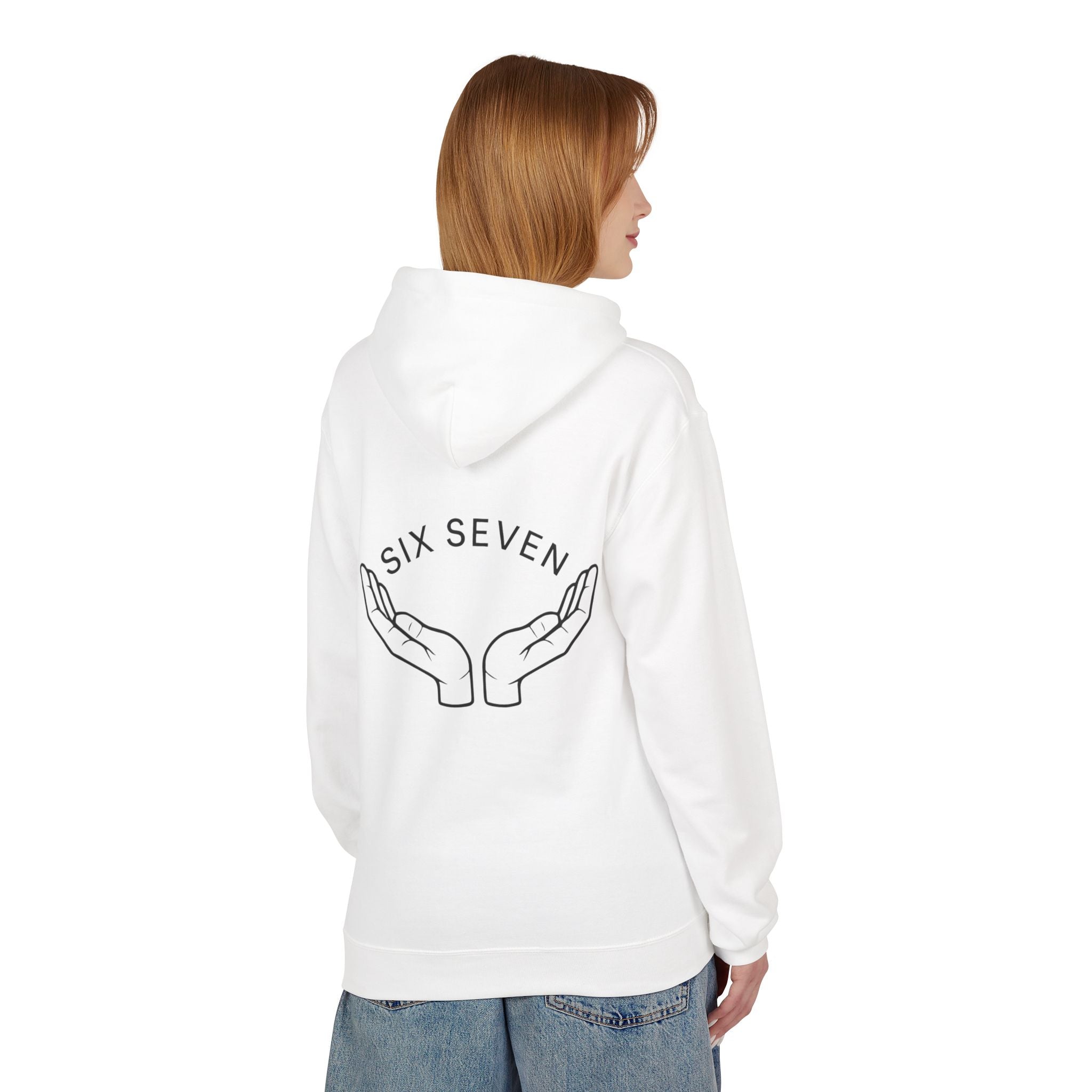 SIX SEVEN Hoodie - "6/7" Minimal Logo Hoodie with Open Hands "SIX SEVEN" Back Design